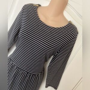 Boden Navy and White Striped Drop Waist Dress with Gold Zipper Detail, Size 14